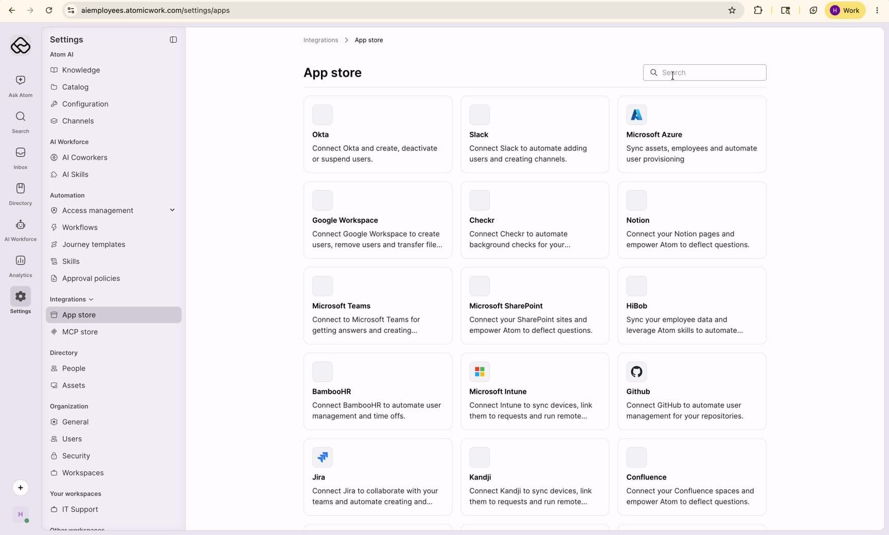The Atomicwork App store under Settings, showing the grid of available integration cards.