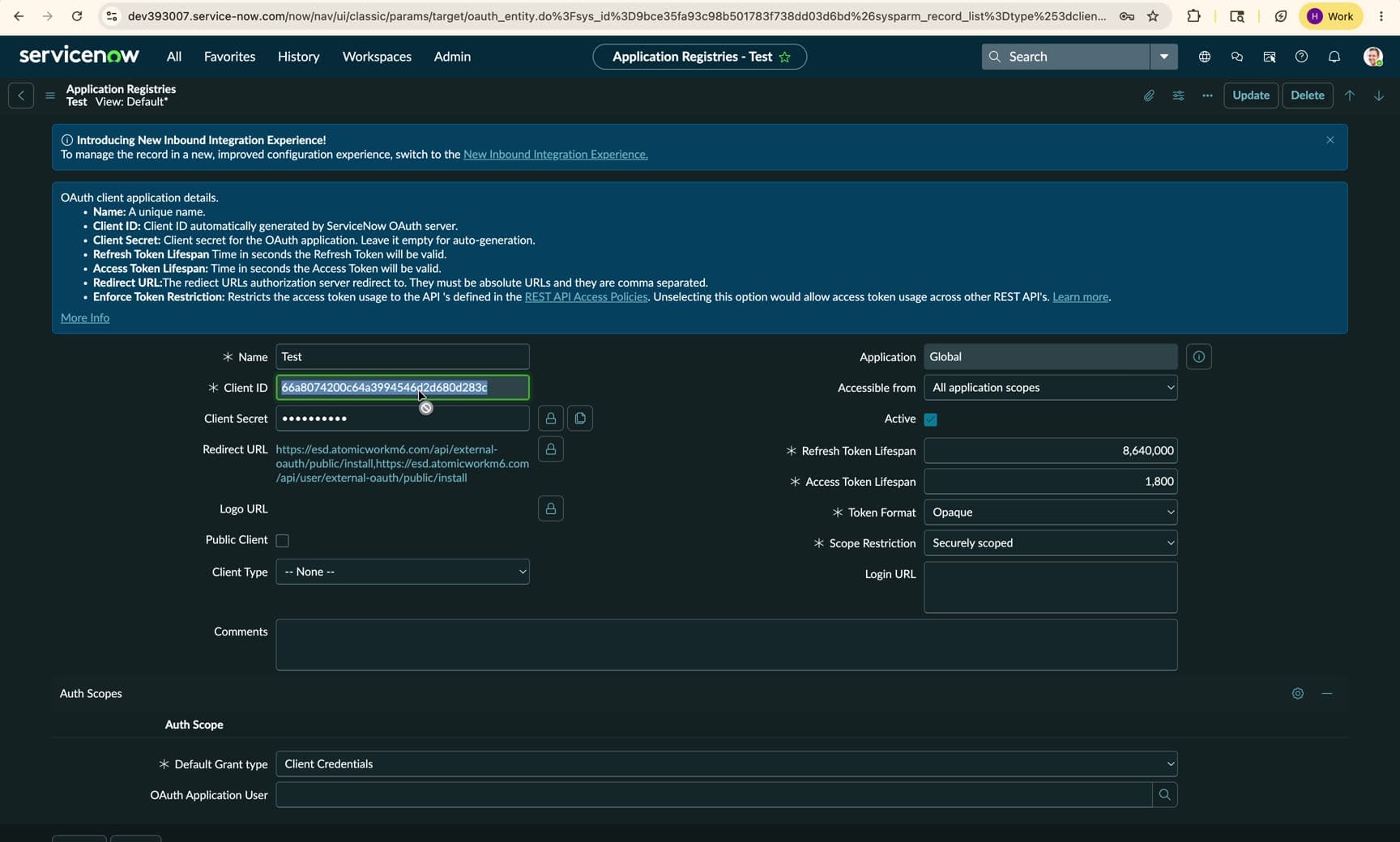 A saved ServiceNow Application Registry record, with the generated Client ID and the padlock icon that reveals the Client Secret.