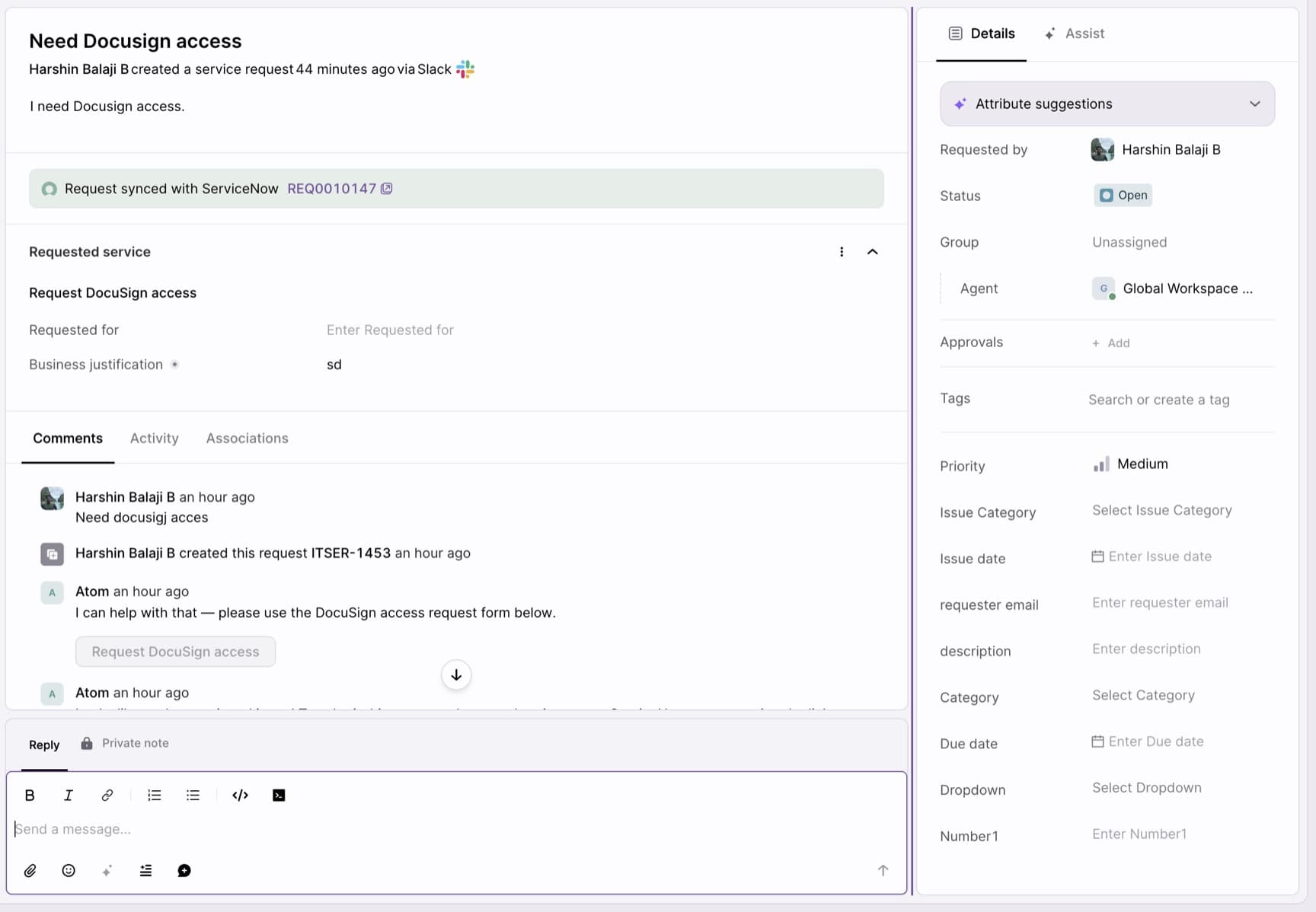 An Atomicwork request showing a "Request synced with ServiceNow" banner with a link to the corresponding ServiceNow record number.