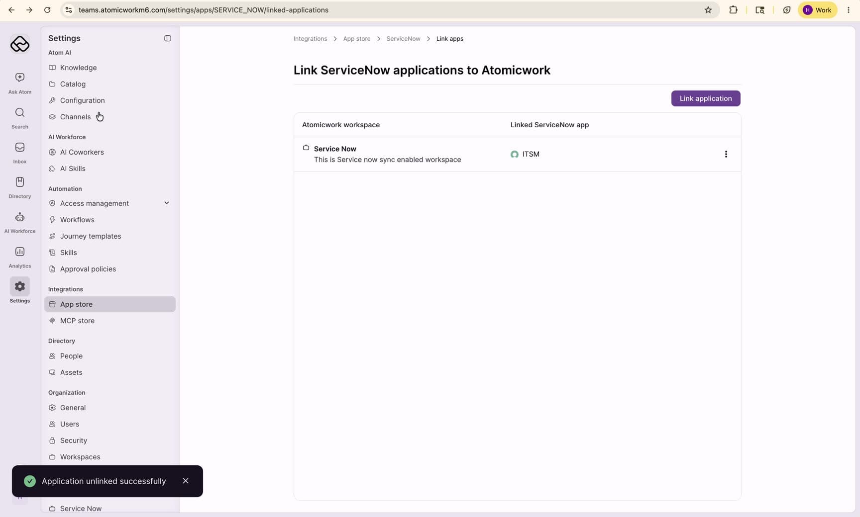 The link application dialog, pairing an Atomicwork workspace with the ServiceNow ITSM application.