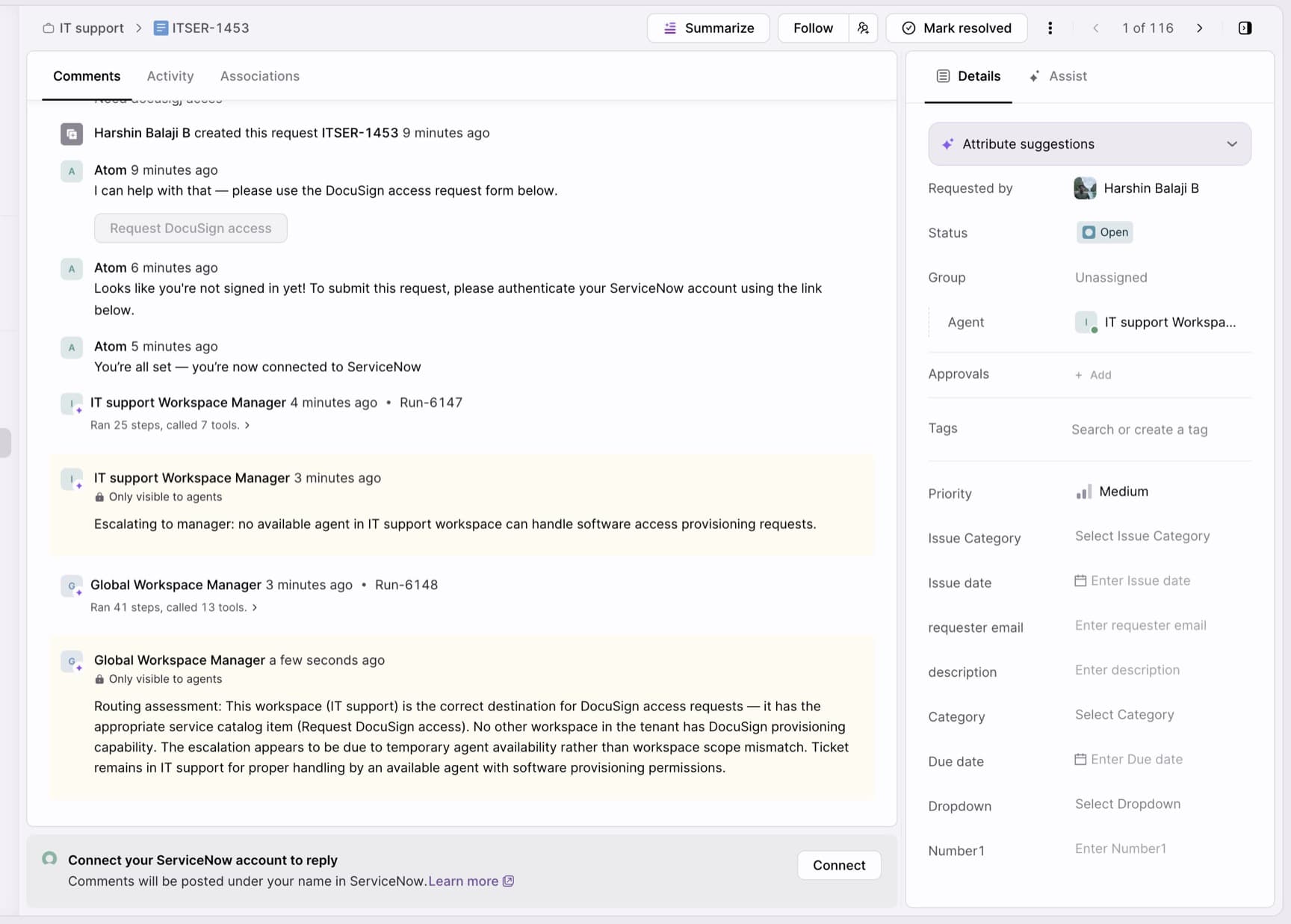An Atomicwork request with the reply box replaced by a "Connect your ServiceNow account to reply" banner and a Connect button.