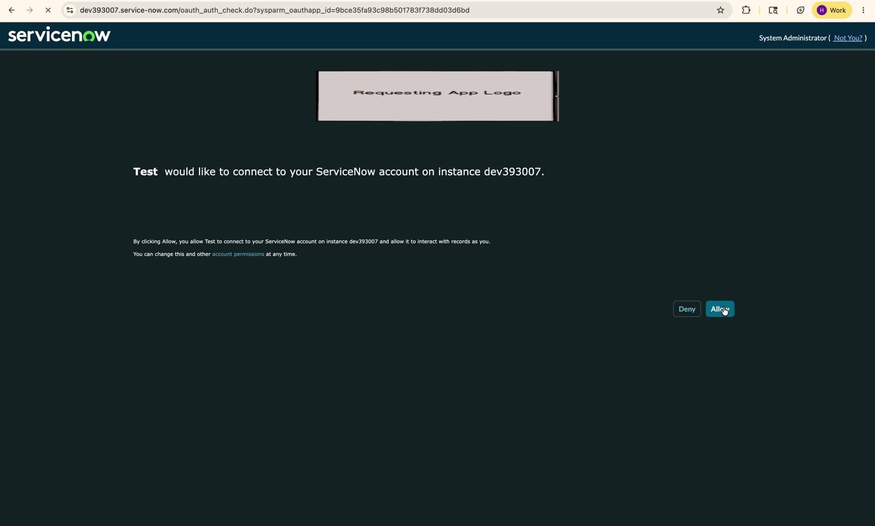 The ServiceNow OAuth consent screen listing the permissions requested by Atomicwork, with the Allow button.