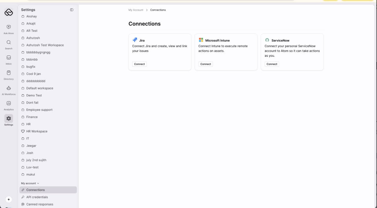 The Connections page under My Account in Atomicwork, showing the ServiceNow card with a Connect button.