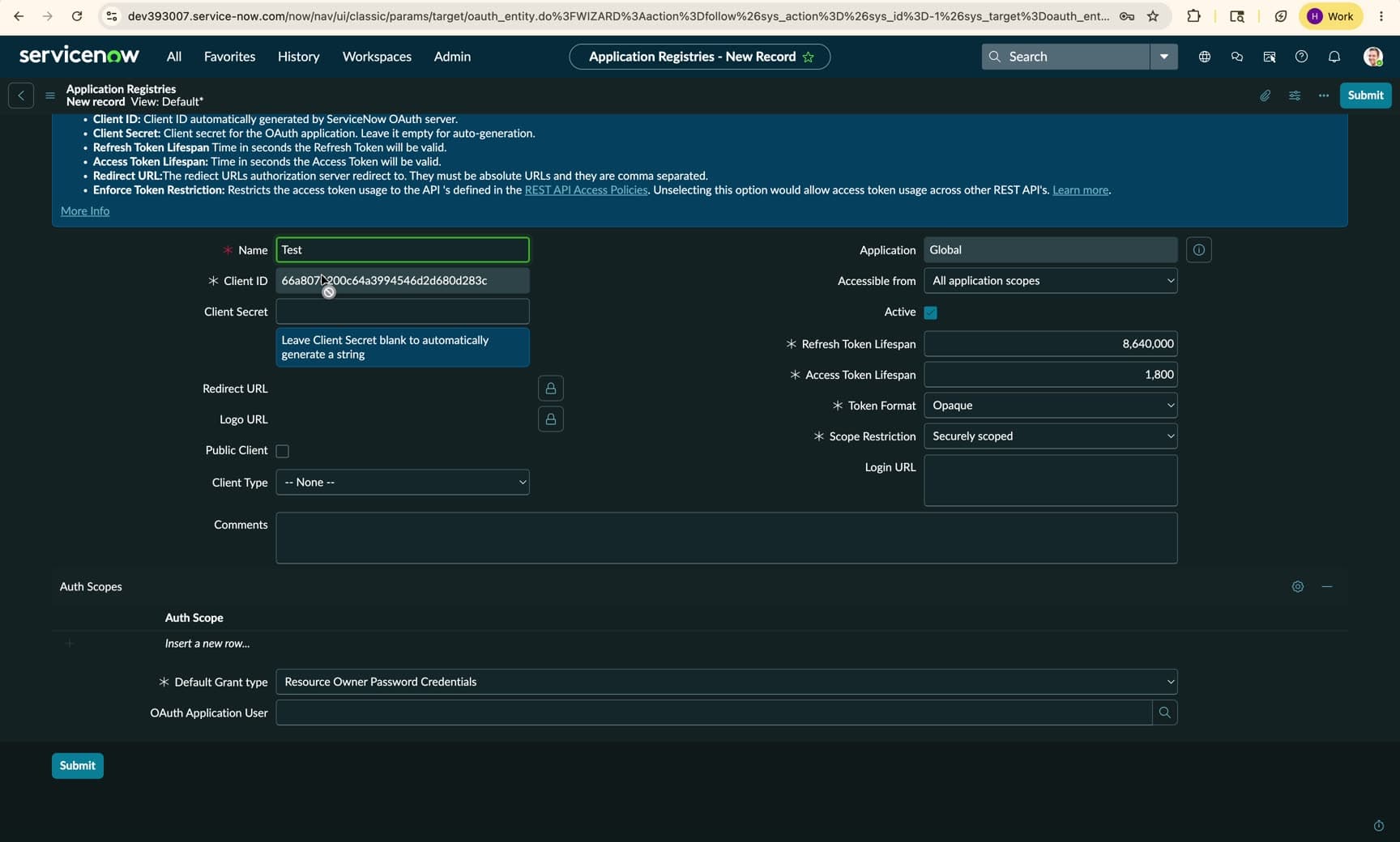 A blank ServiceNow Application Registry record, showing the Name, Client ID, Client Secret, Redirect URL, Default Grant type, and Scope Restriction fields.