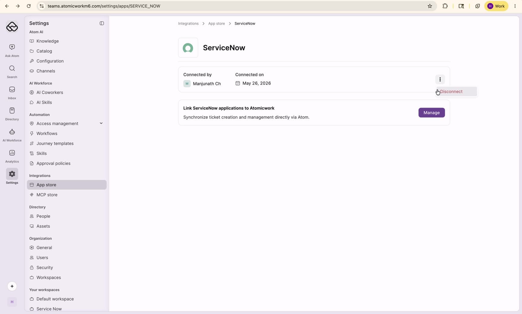 The ServiceNow page in the Atomicwork App store after connecting, showing the Connected by and Connected on details and the "Link ServiceNow applications to Atomicwork" card.