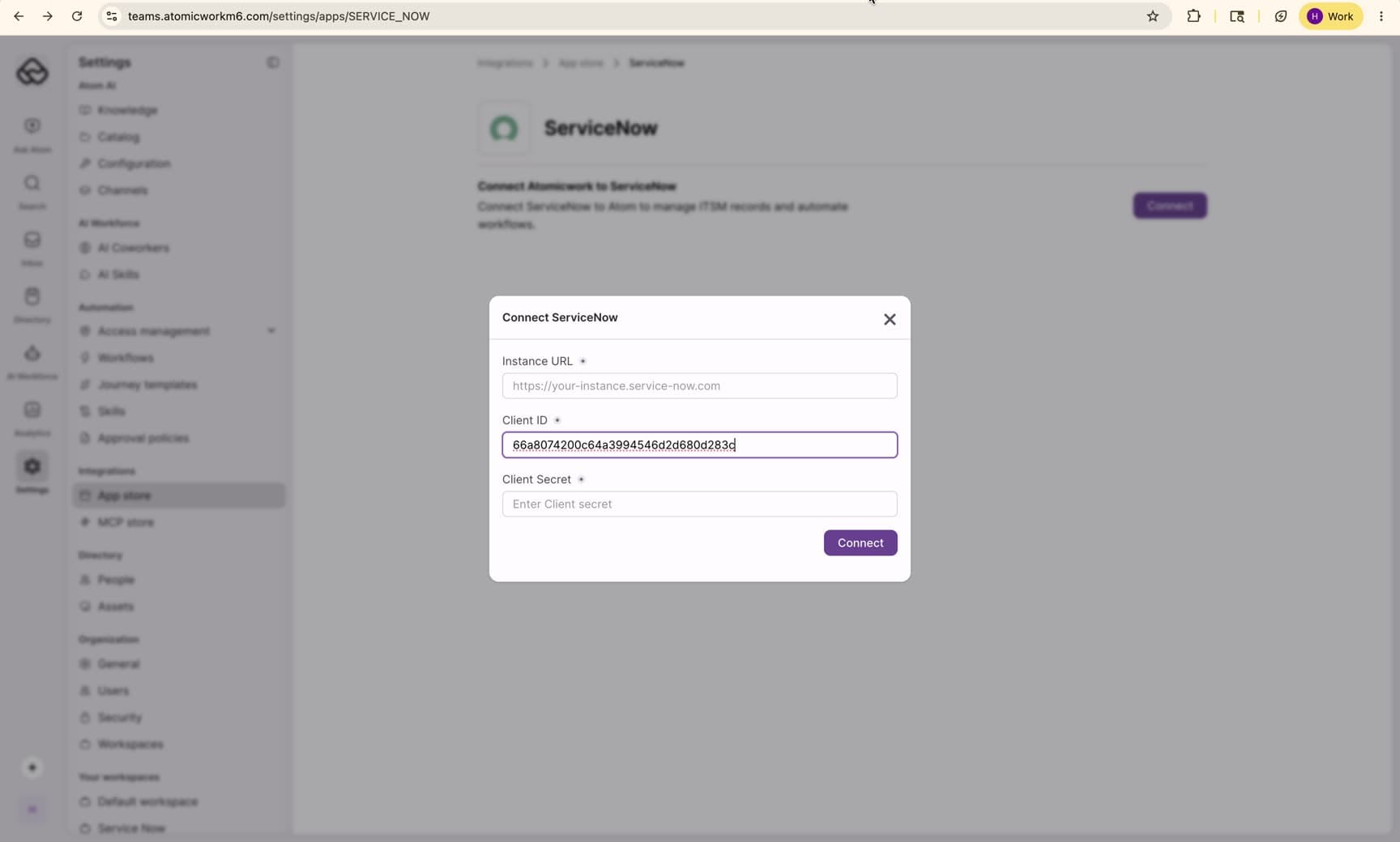 The Connect ServiceNow dialog in Atomicwork, with fields for Instance URL, Client ID, and Client Secret.